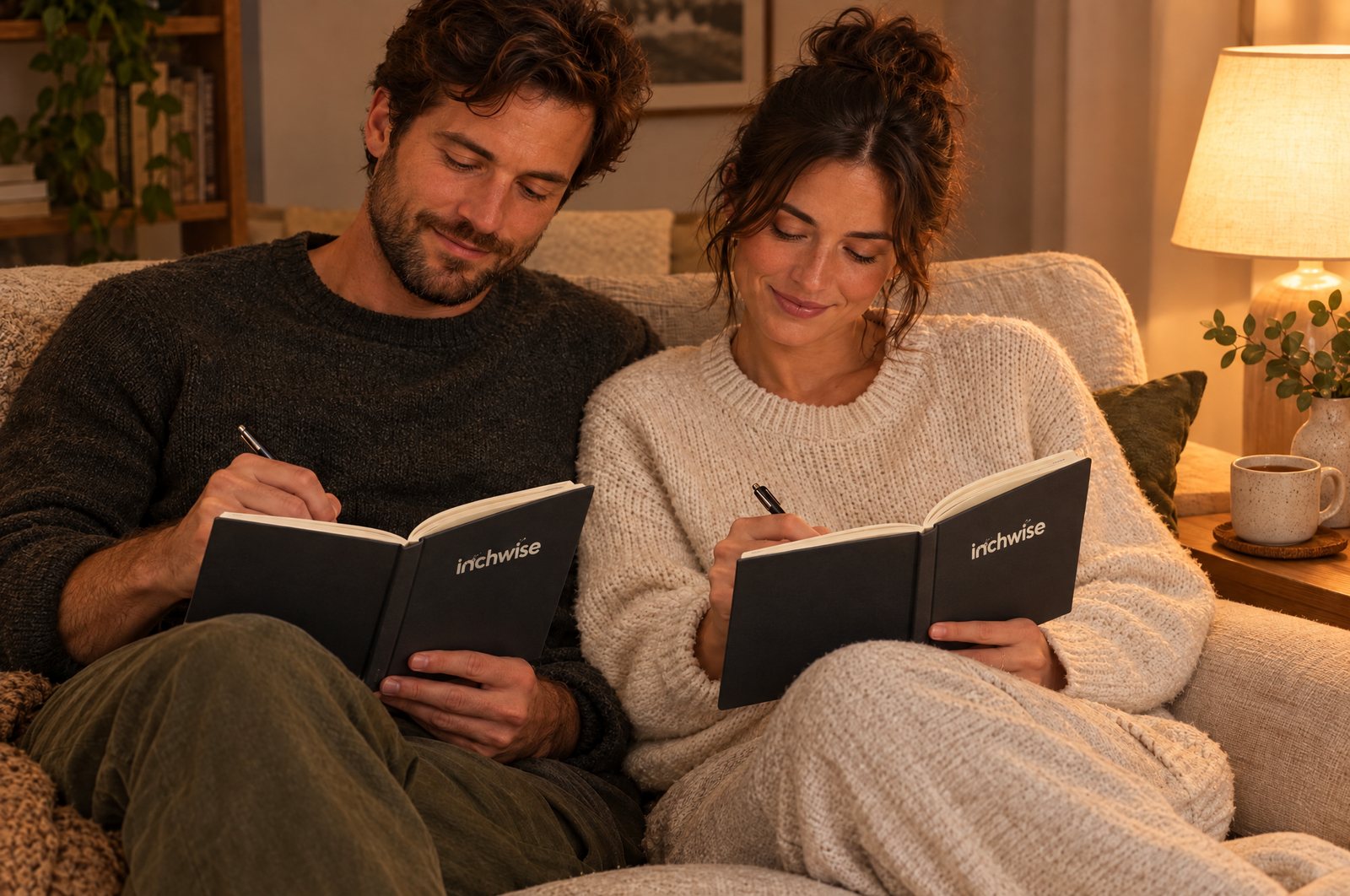 A couple writing in their Inchwise journals together in the evening