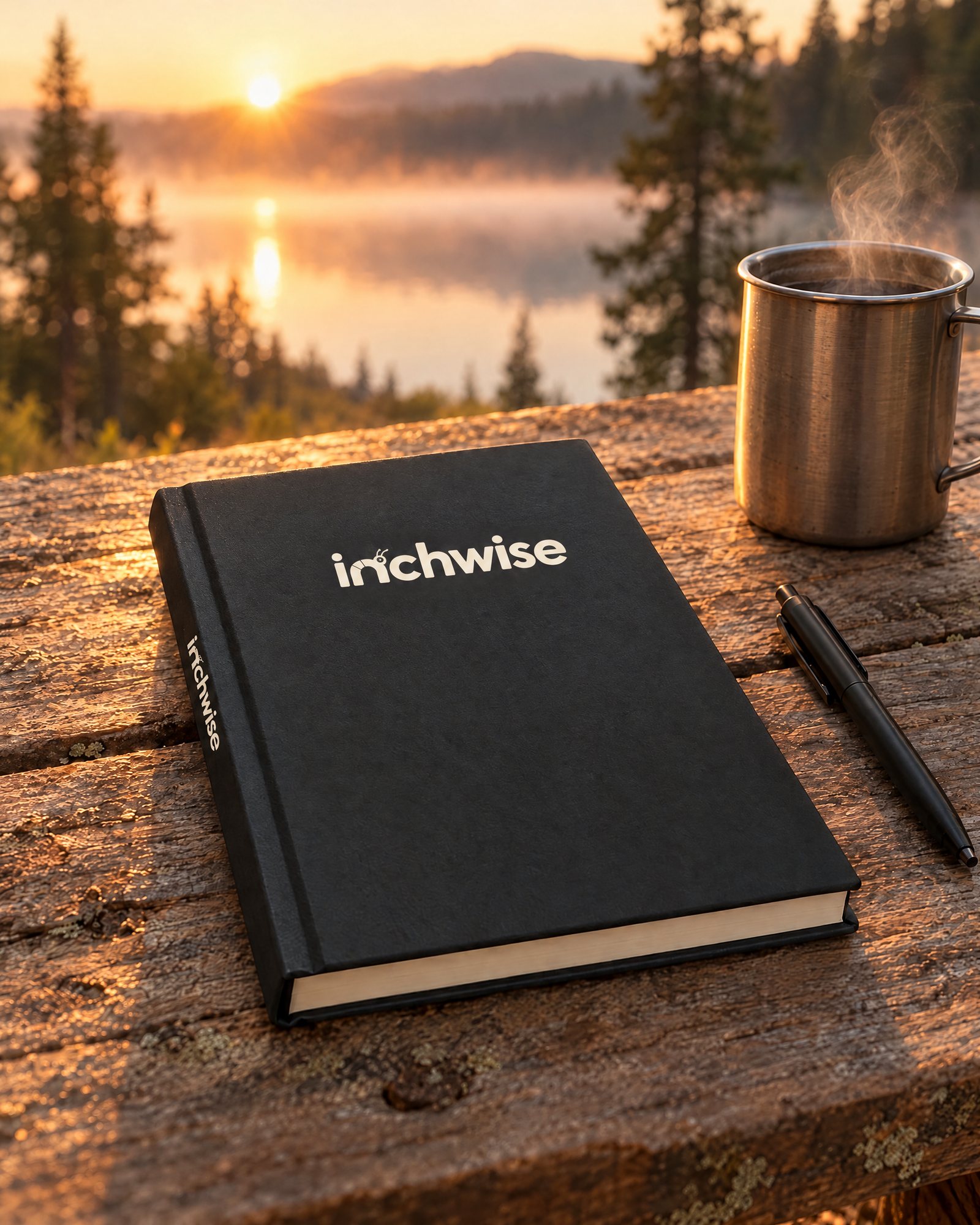 The Inchwise journal on a weathered table by a misty lake at sunrise