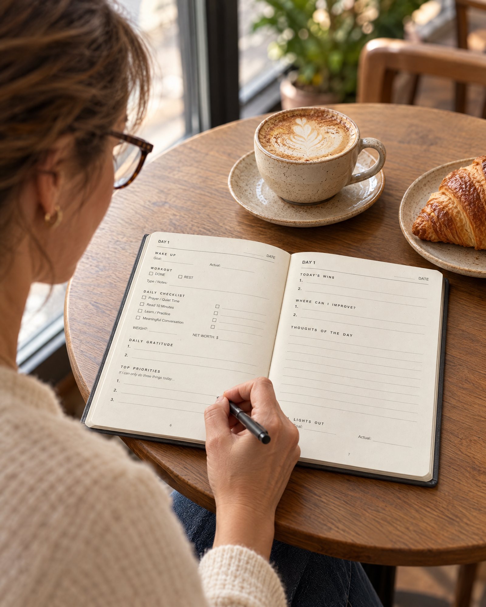 Morning: writing the top priorities at a café table