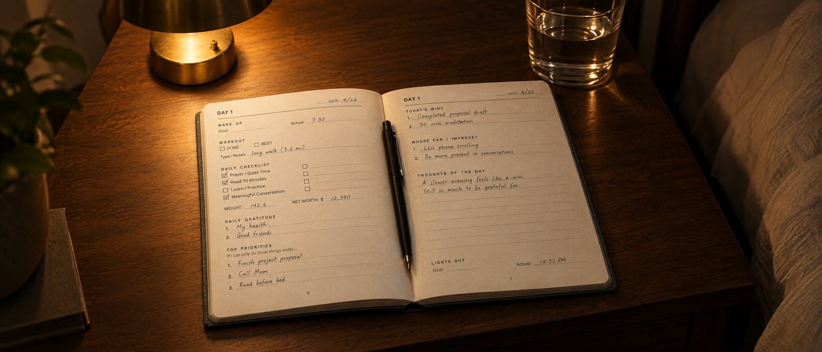 The Inchwise journal open on a nightstand by lamplight