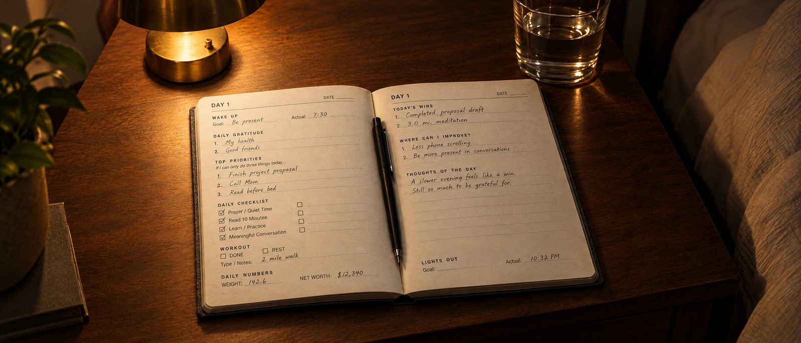The Inchwise journal open on a nightstand by lamplight
